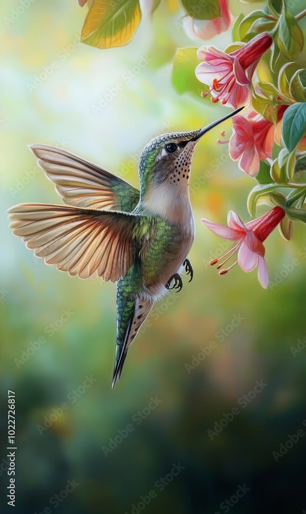 Naklejka premium Hummingbird feeding on pink flower.