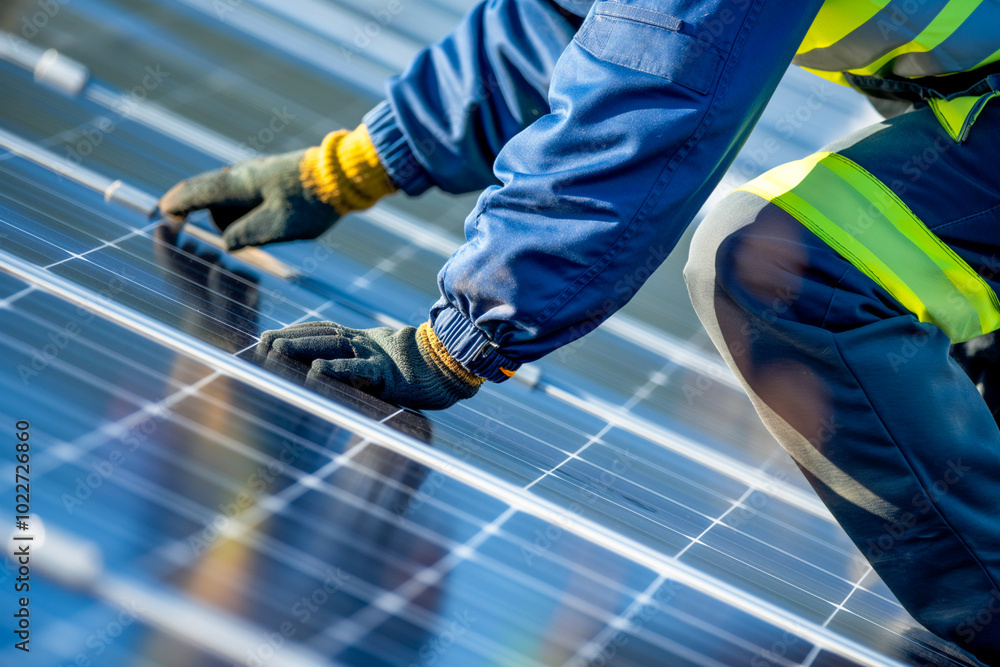 Technician Installing Solar Panels: Close-Up of Solar Module Installation with Hex Key. Generative AI Technician Installing Solar Panels: Close-Up of Solar Module Installation with Hex Key. Generative AI