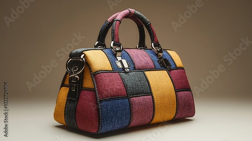 Closeup of unique handbag with bold colors and patterns placed against a neutraltoned background photo