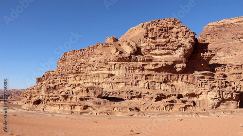 View of cliffs, canyons, and sandstone mountain at Wadi Rum, Jordan