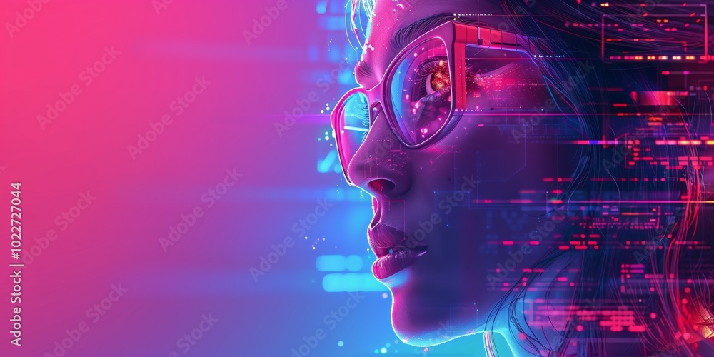 Futuristic young woman software coding data analytics programmer engineer digital science and cyber security through a tablet and hologram AI glasses Neon modern bold background. Generative AI Futuristic young woman software coding data analytics programmer engineer digital science and cyber security through a tablet and hologram AI glasses Neon modern bold background. Generative AI