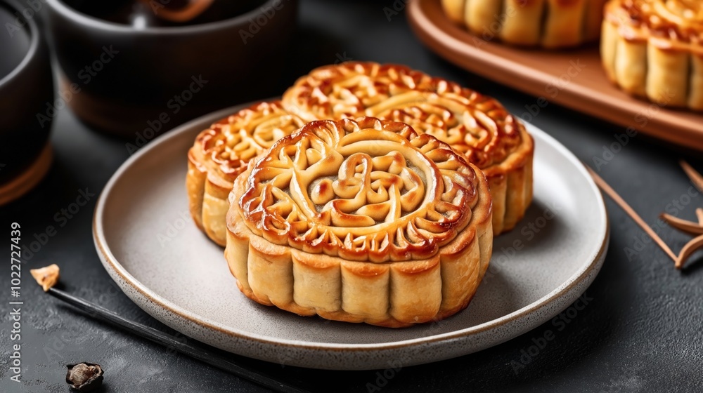 Close-up of three traditional mooncakes on a plate, often associated with the Mid-Autumn Festival, featuring intricate designs on their golden-brown crusts. Close-up of three traditional mooncakes on a plate, often associated with the Mid-Autumn Festival, featuring intricate designs on their golden-brown crusts.