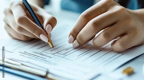 Close-up of a person's hands filling out a form with a pen, focusing on detailed paperwork.