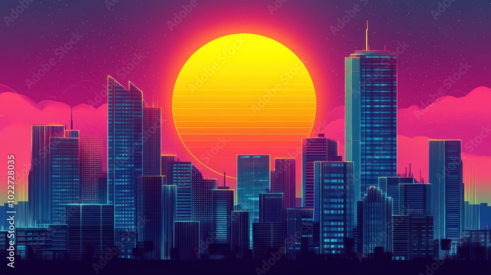 Fototapeta premium A vibrant sunset over a modern city skyline, showcasing colorful graphic design elements.