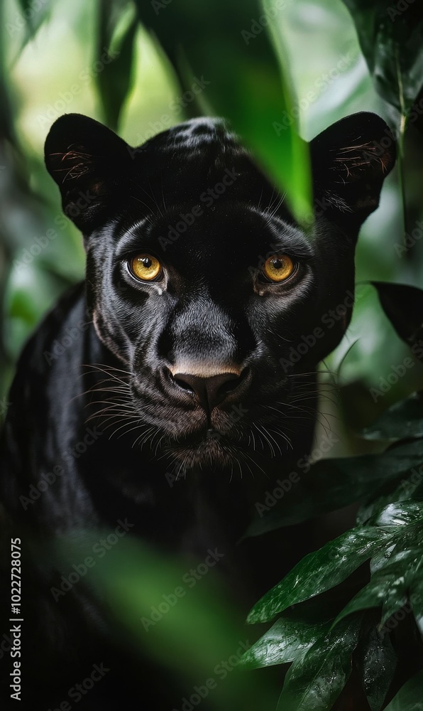 Black panther with yellow eyes in green foliage. Black panther with yellow eyes in green foliage.