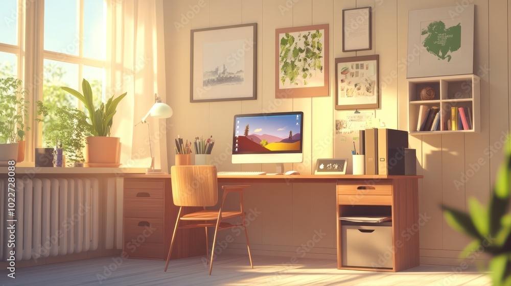 Home workspaces illustrated as personalized environments that combine work and leisure for optimal work-life balance, illustrations Home workspaces illustrated as personalized environments that combine work and leisure for optimal work-life balance, illustrations