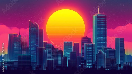 A vibrant sunset over a modern city skyline, showcasing colorful graphic design elements.