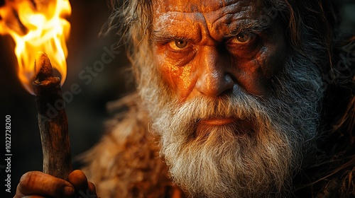 A close-up portrait of a fierce, primitive man holding a burning torch.