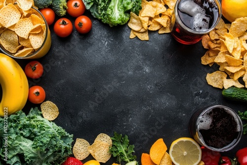 Wallpaper Mural Flat lay of various junk foods like chips and soda surrounded by fresh fruits and vegetables, with ample space in the middle for text, ideal for raising awareness about healthy vs unhealthy eating  Torontodigital.ca