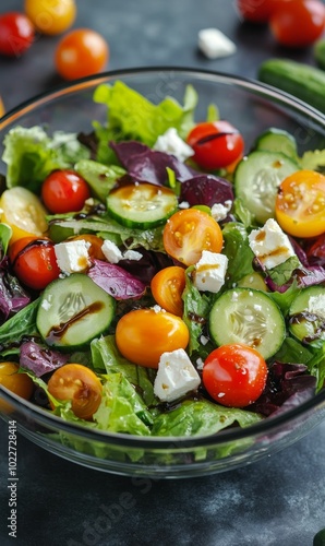 Fresh salad with tomatoes, cucumbers, and feta cheese.