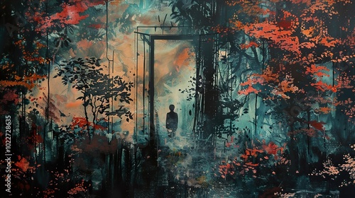 Mysterious Forest Path with Silhouette and Doorway