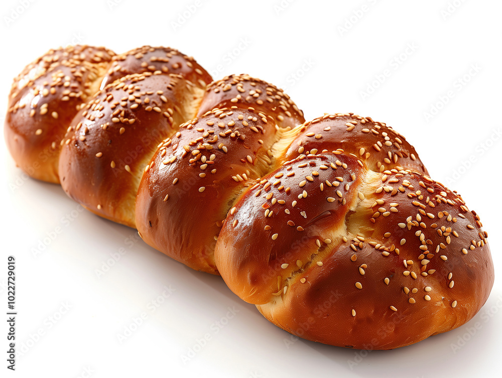 Freshly baked challah bread is covered in sesame seeds and laying on a white background Freshly baked challah bread is covered in sesame seeds and laying on a white background