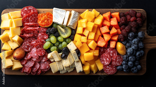 A charcuterie board featuring a variety of fruits, cheeses, and cured meats. Items include cheddar cheese, brie, salami, grapes, kiwi, papaya, mango, blueberries, and raspberries.
