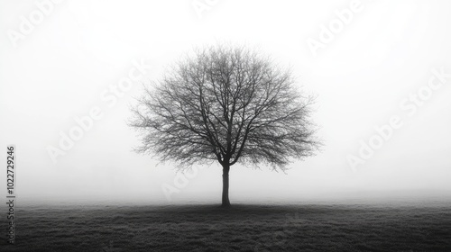 A black-and-white photograph of a lone tree standing in a foggy field, creating a serene yet haunting atmosphere with a clear focal point.