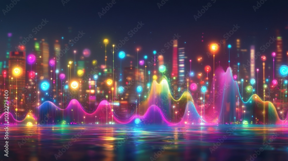 A vibrant city skyline with colorful sound waves and lights reflecting on water. A vibrant city skyline with colorful sound waves and lights reflecting on water.