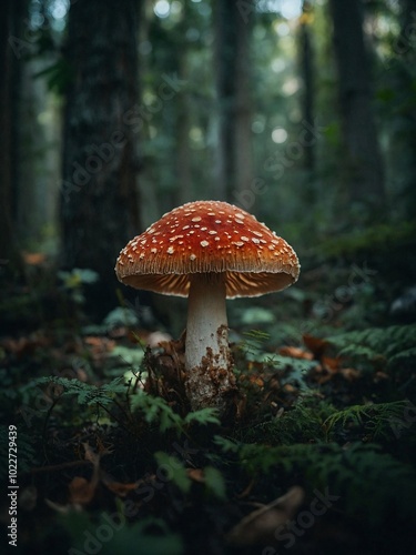 A vibrant mushroom, bathed in dappled light filtering through the canopy above