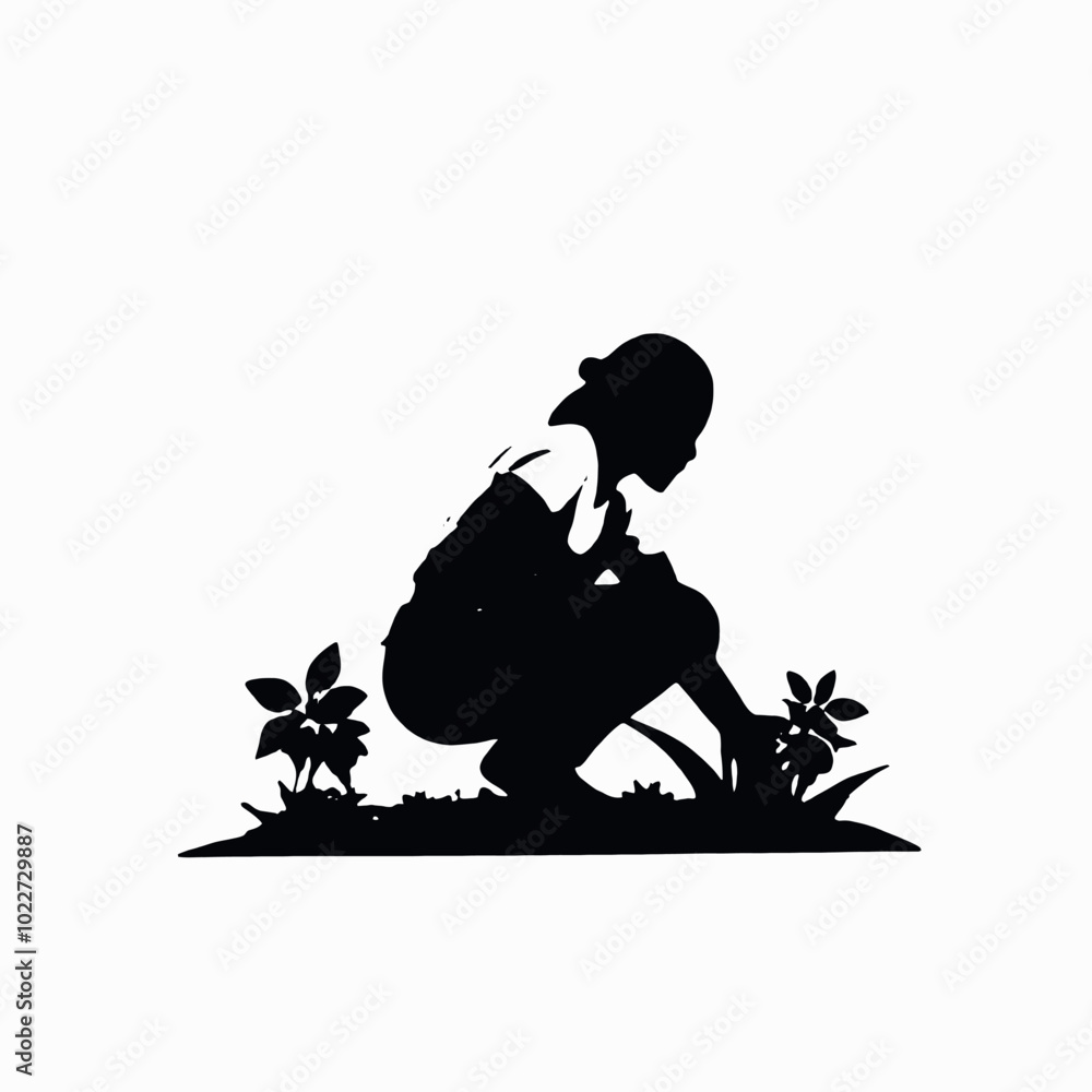 A silhouette of a farmer or gardener working in a field or garden A silhouette of a farmer or gardener working in a field or garden