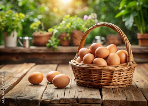 Fresh Organic Eggs in a Basket on Wooden Table with Copy Space for Recipes and Cooking Ideas