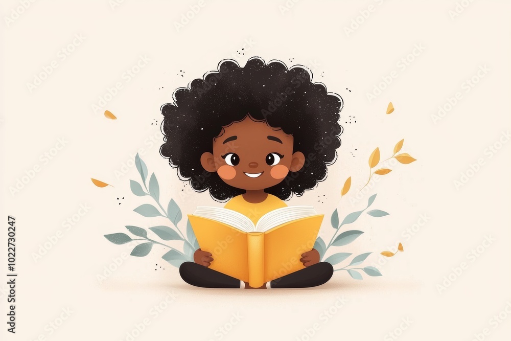 A joyful child with curly hair sits cross-legged, engrossed in reading a book. Soft leaves add a touch of nature to the cozy atmosphere of the moment. A joyful child with curly hair sits cross-legged, engrossed in reading a book. Soft leaves add a touch of nature to the cozy atmosphere of the moment.
