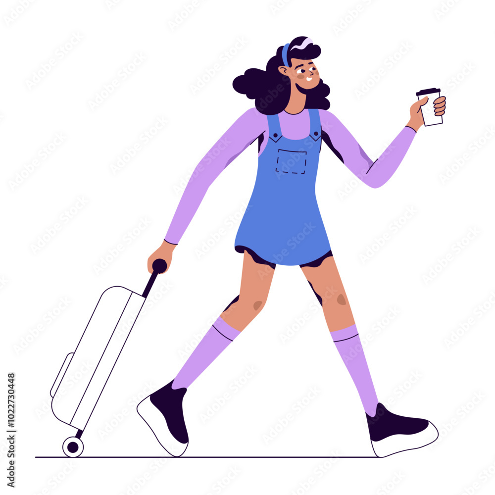 Woman with coffee cup pulling her suitcase along Woman with coffee cup pulling her suitcase along