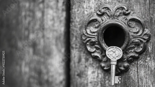 Wallpaper Mural A close-up black-and-white image of an antique keyhole on a wooden door, with intricate details on the metalwork. Torontodigital.ca