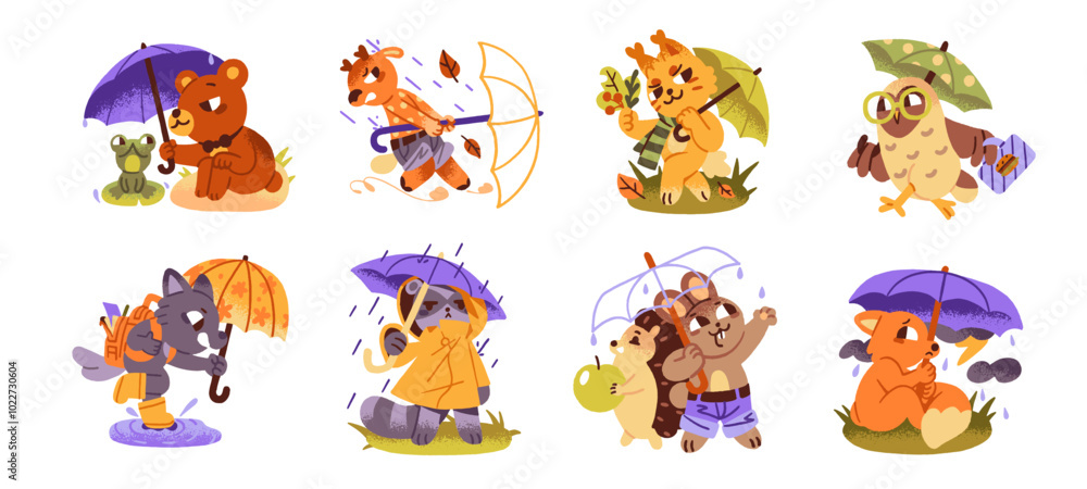 Obraz premium Baby animals with umbrella at rainy weather set. Cute fox is scared of thunderstorm. Forest friends hide from autumn rain under parasol, canopy. Flat isolated vector illustrations on white background