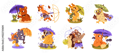 Baby animals with umbrella at rainy weather set. Cute fox is scared of thunderstorm. Forest friends hide from autumn rain under parasol, canopy. Flat isolated vector illustrations on white background