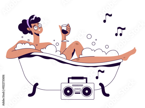 Girl relaxing in the bath and listening to music