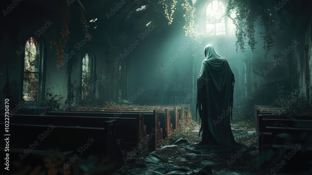 A chilling scene of a ghostly figure with a pale, ethereal presence haunting the halls of an old, abandoned church, where dim lighting casts eerie shadows, amplifying the sense of dread. A chilling scene of a ghostly figure with a pale, ethereal presence haunting the halls of an old, abandoned church, where dim lighting casts eerie shadows, amplifying the sense of dread.