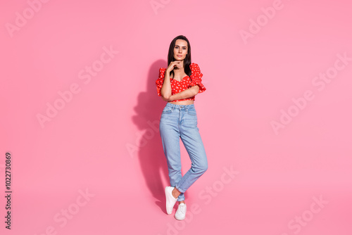 Full body portrait of nice young lady empty space wear top isolated on pink color background