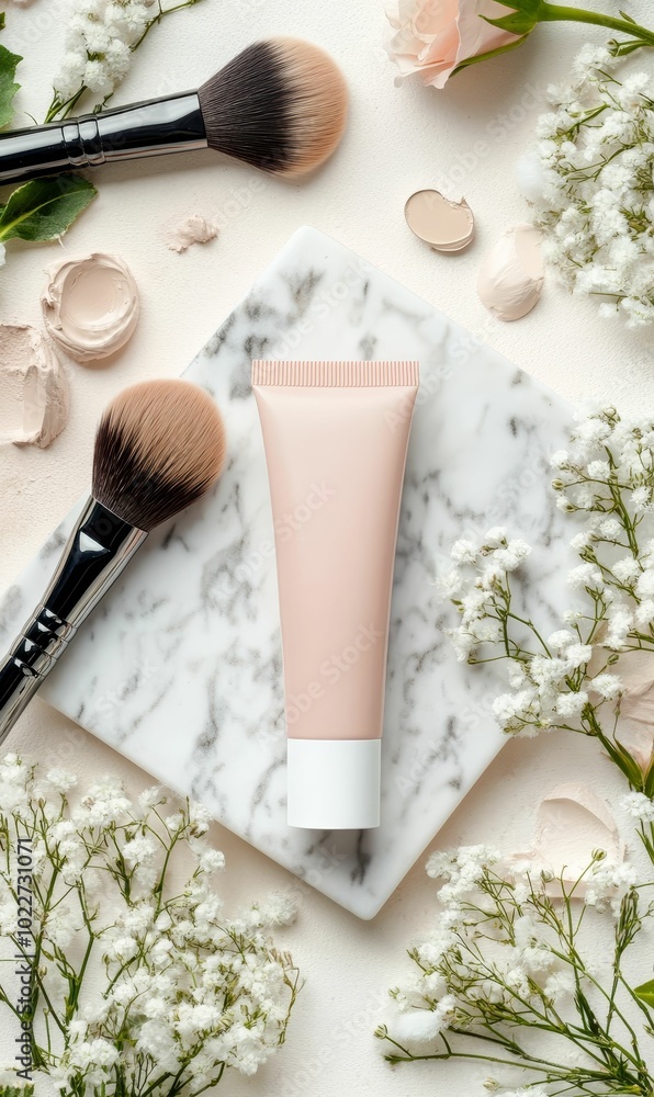 White flowers, makeup brushes, cream tube, marble. White flowers, makeup brushes, cream tube, marble.