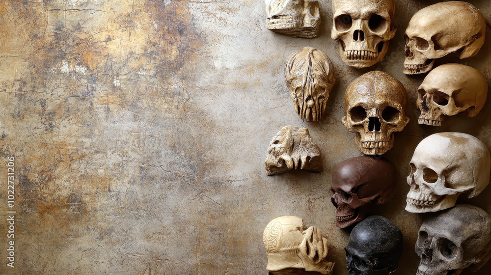 Human skull of different colors on a beige background. Horizontal banner. Copy space. World Anthropology Day. Darwin Day. Science Day. World Archaeologist's Day Human skull of different colors on a beige background. Horizontal banner. Copy space. World Anthropology Day. Darwin Day. Science Day. World Archaeologist's Day