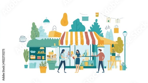 Illustration of businesses using sustainable marketing practices, promoting eco-friendly products and ethical business models, illustrations