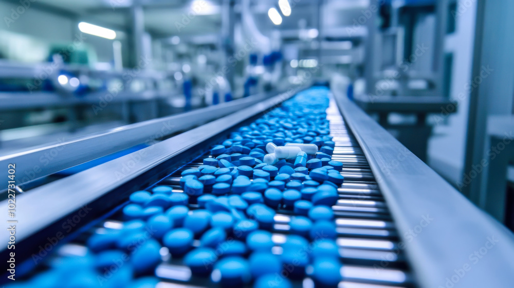 Blue tablets move on a conveyor belt in a large pharmaceutical facility during daylight hours Blue tablets move on a conveyor belt in a large pharmaceutical facility during daylight hours