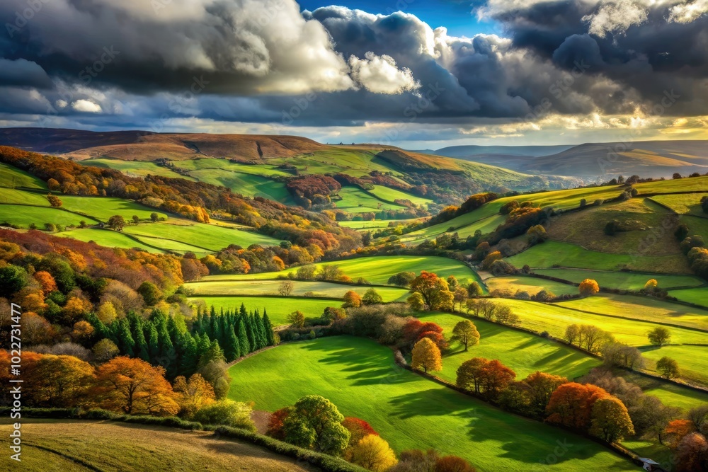 Fototapeta premium Scenic Yorkshire Landscape with Rolling Hills, Green Fields, and Dramatic Cloudy Sky in Autumn