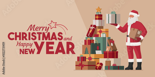 Santa Claus stacking gifts in a Christmas tree shape and Christmas wishes