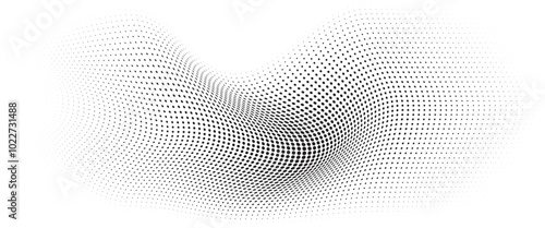Flowing Wave Dot Halftone Pattern: Curve Gradient Shape on Transparent Background. Suitable for AI, Tech, Network, Digital, Science, and Technology Themes.