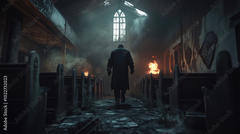 A man is walking through a church with a fire burning in the background A man is walking through a church with a fire burning in the background