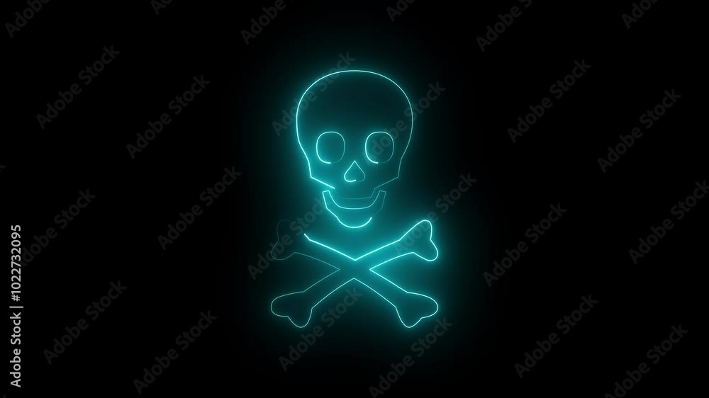 Skull Crossbones neon sign appear in center and disappear after some time. Animated blue neon icon on black background. Looped animation. Skull Crossbones neon sign appear in center and disappear after some time. Animated blue neon icon on black background. Looped animation.