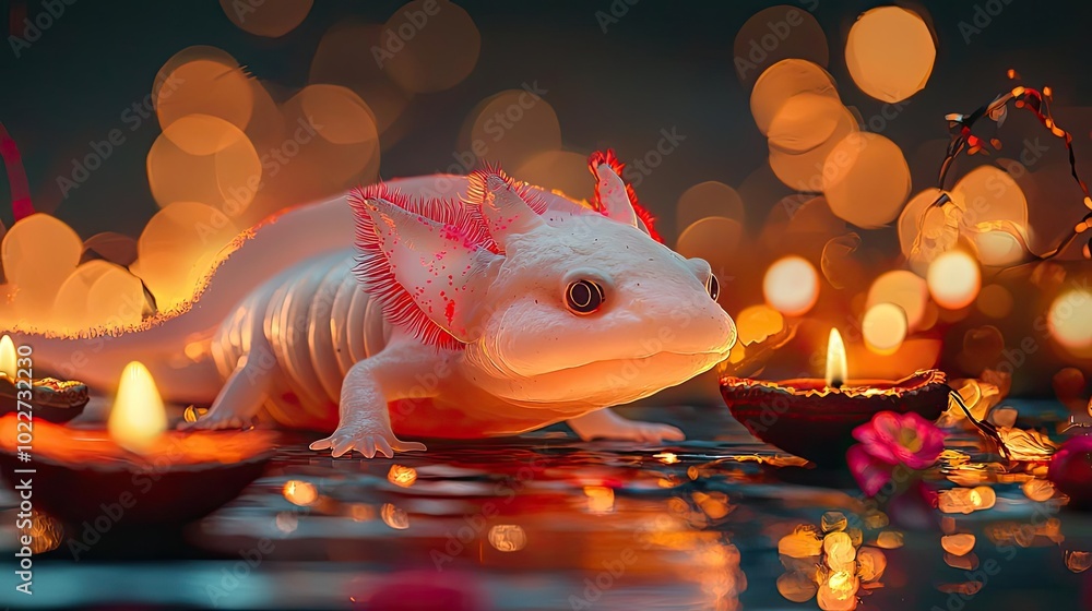 A serene axolotl with glowing bokeh lights and floating candles, creating a magical ambiance in this vibrant underwater scene. A serene axolotl with glowing bokeh lights and floating candles, creating a magical ambiance in this vibrant underwater scene.