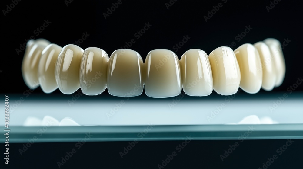 Close-up of a set of dental veneers or artificial teeth on a reflective surface, showcasing the realistic texture and color under studio lighting. Close-up of a set of dental veneers or artificial teeth on a reflective surface, showcasing the realistic texture and color under studio lighting.