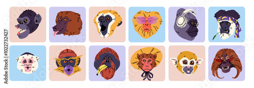 Cute avatars of monkeys set. Icons with square shape with portraits of funny primates. Amusing heads, smile faces of gorilla, marmoset for user profile. Flat isolated vector illustrations on white