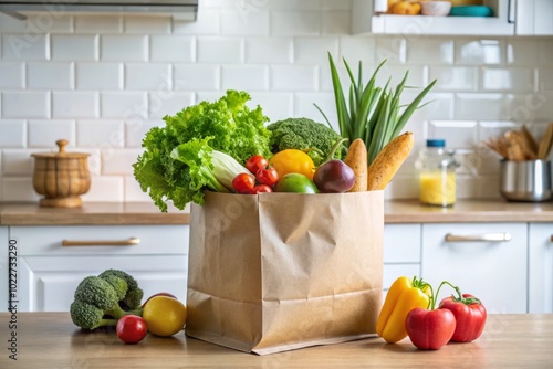 Grocery Essentials in a Paper Bag on a White Counter for Eco-Friendly Shopping