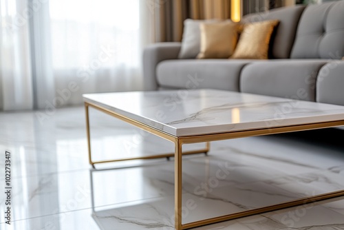 A modern living room featuring an elegant coffee table with a marble top and golden legs, enhancing a stylish interior design. photo