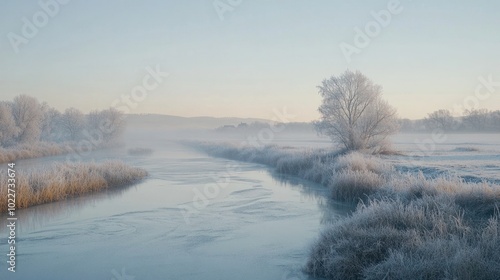 A cold snap freezing a river and surrounding areas, with frost covering every surface and the landscape looking eerily still