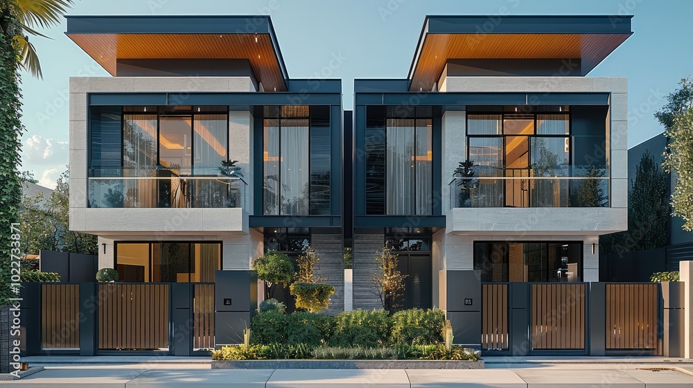 Fototapeta premium A front facade twin villa with modern design and fence.