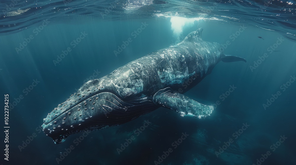 Naklejka premium A magnificent humpback whale swims serenely in crystal-clear waters, illuminated by sunlight filtering through the surface above