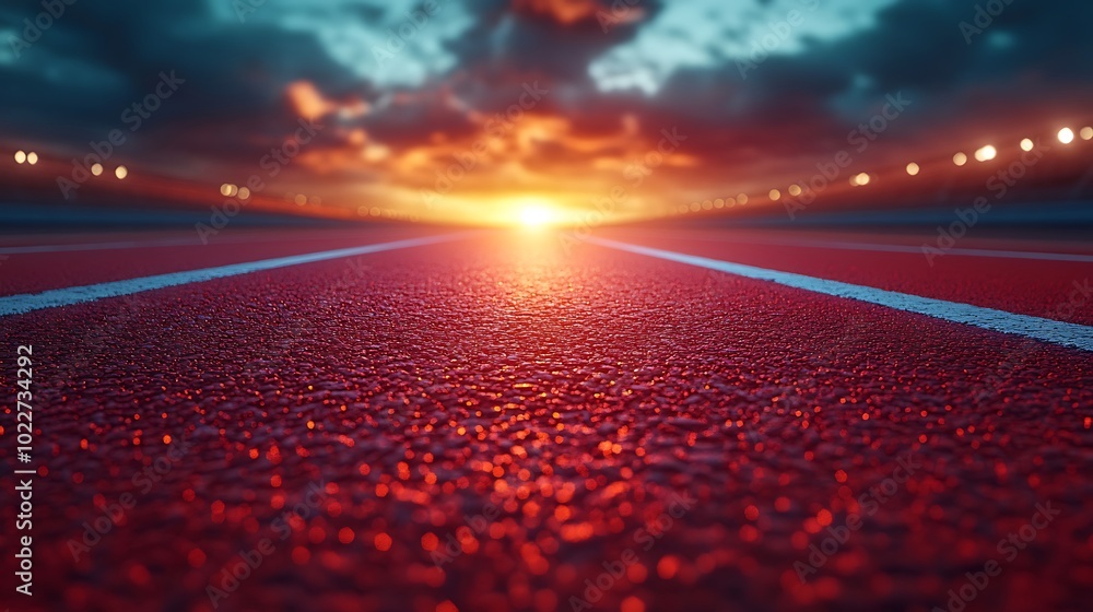 A red running track with white lanes stretches out towards a vibrant sunset sky. A red running track with white lanes stretches out towards a vibrant sunset sky.