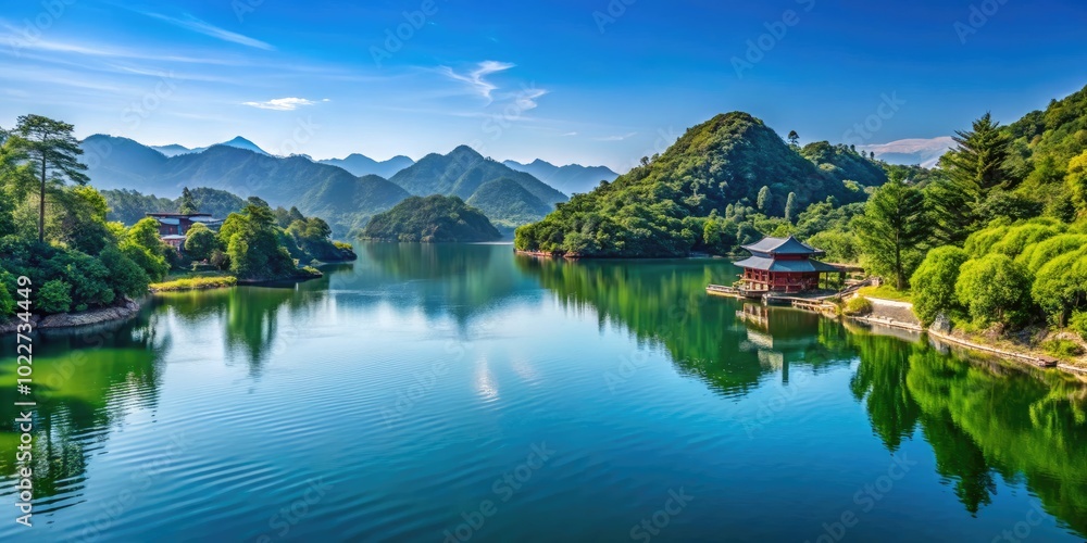 Serene Bai Lan Landscape with Tranquil Waters and Lush Greenery Under Clear Blue Sky in Nature Serene Bai Lan Landscape with Tranquil Waters and Lush Greenery Under Clear Blue Sky in Nature