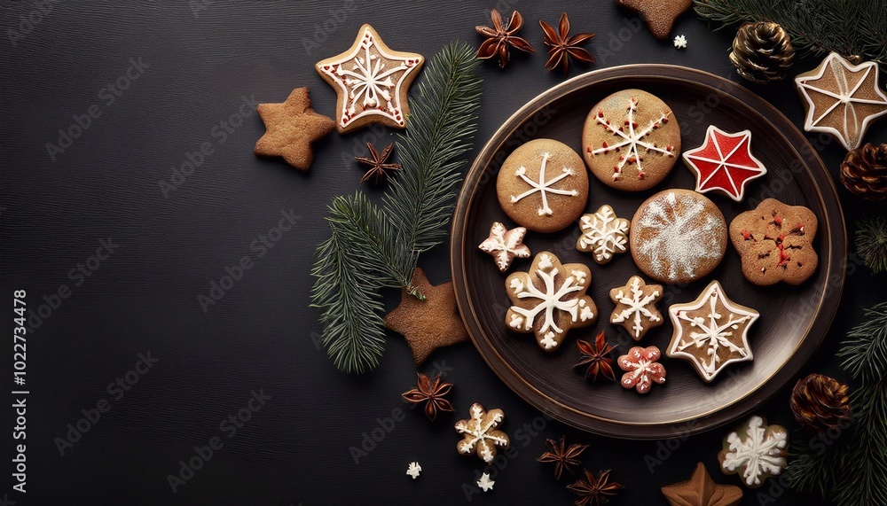 christmas cookies on dark background with space for text, top view christmas cookies on dark background with space for text, top view